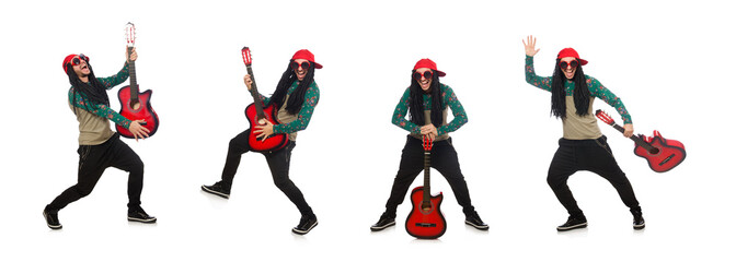 Man with guitar in musical concept on white