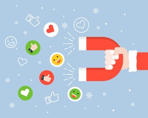 Santa claus hand carrying magnet and smiley faces, like symbol and heart icon, reach engagement in social network, flat design business digital marketing concept