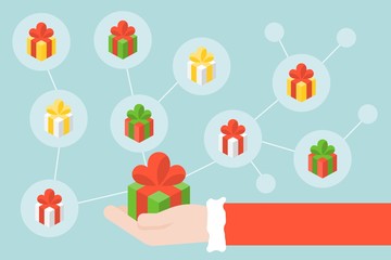 Santa claus hand and gift box icon with social network diagram