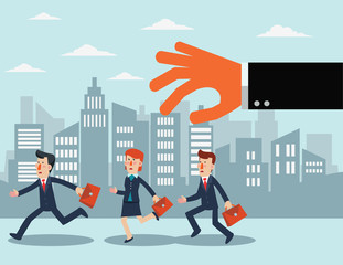 Fototapeta premium Big hand catching business people in the city street. Professional relations
