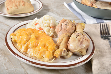 Fried chicken and potato casserole dinner