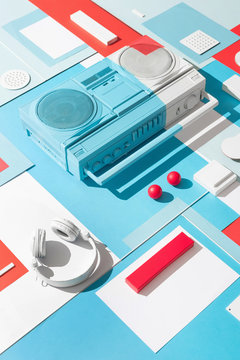 Boom box /cassette player in abstract designed composition.
