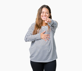 Young beautiful brunette woman wearing stripes sweater over isolated background Laughing of you, pointing to the camera with finger hand over chest, shame expression