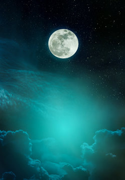 Landscape of night sky and bright full moon with many stars.
