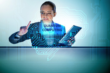 Businesswoman pressing virtual button in quantum computing concept