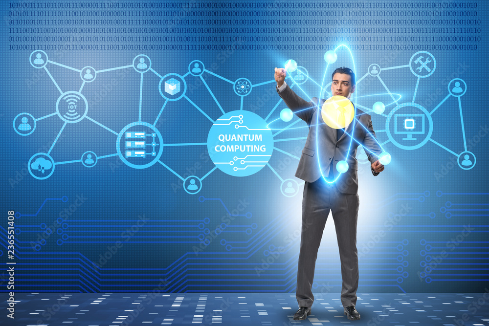 Poster businessman pressing virtual button in quantum computing concept