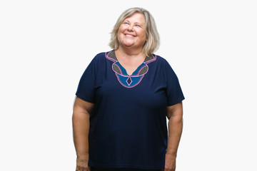 Senior plus size caucasian woman over isolated background smiling looking side and staring away thinking.