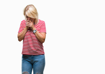 Young beautiful blonde woman over isolated background feeling unwell and coughing as symptom for...