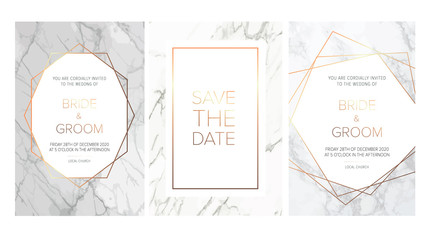 Luxury wedding invitation cards with marble texture and gold geometric pattern vector design template.Trendy wedding invitation.All elements are isolated and editable.