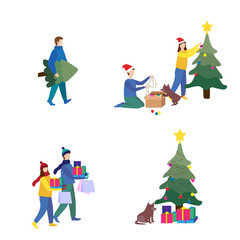 Merry Christmas and Happy New Year flat set illustration