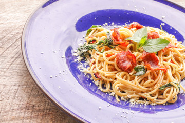 Hot Spaghetti on wooden table
