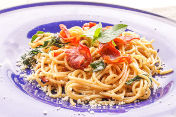 Hot Spaghetti on wooden table