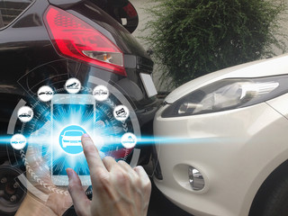 Hand use smartphone with car claim icons over the Network connection