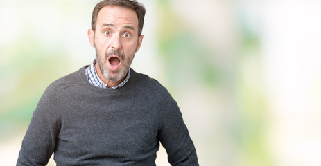 Handsome middle age senior man wearing a sweater over isolated background afraid and shocked with...