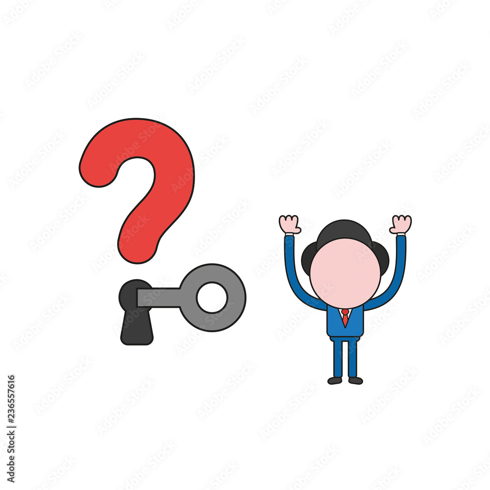 Poster vector illustration of businessman character unlock question mark keyhole with key. color and black 