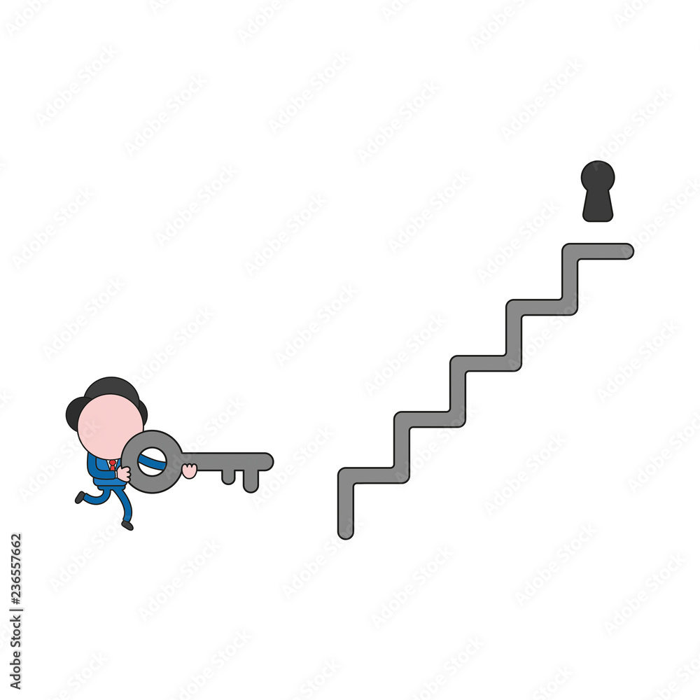 Poster vector illustration of businessman character running and carrying key to keyhole at top of stairs. c