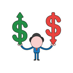 Vector illustration of businessman character holding dollar symbols with arrow moving up and down. Color and black outlines.