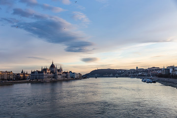 Fototapeta premium view of the embankment of the river Danube and old Parliament building in Budapest , Hungary