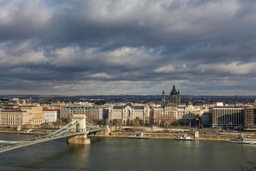 view of the embankment of the river Danube and bridge in Budapest , Hungary