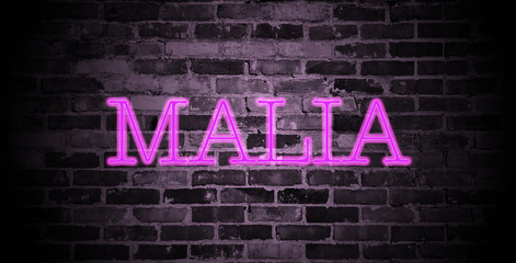 first name Malia in pink neon on brick wall