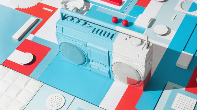Boom box /cassette player in abstract designed composition.