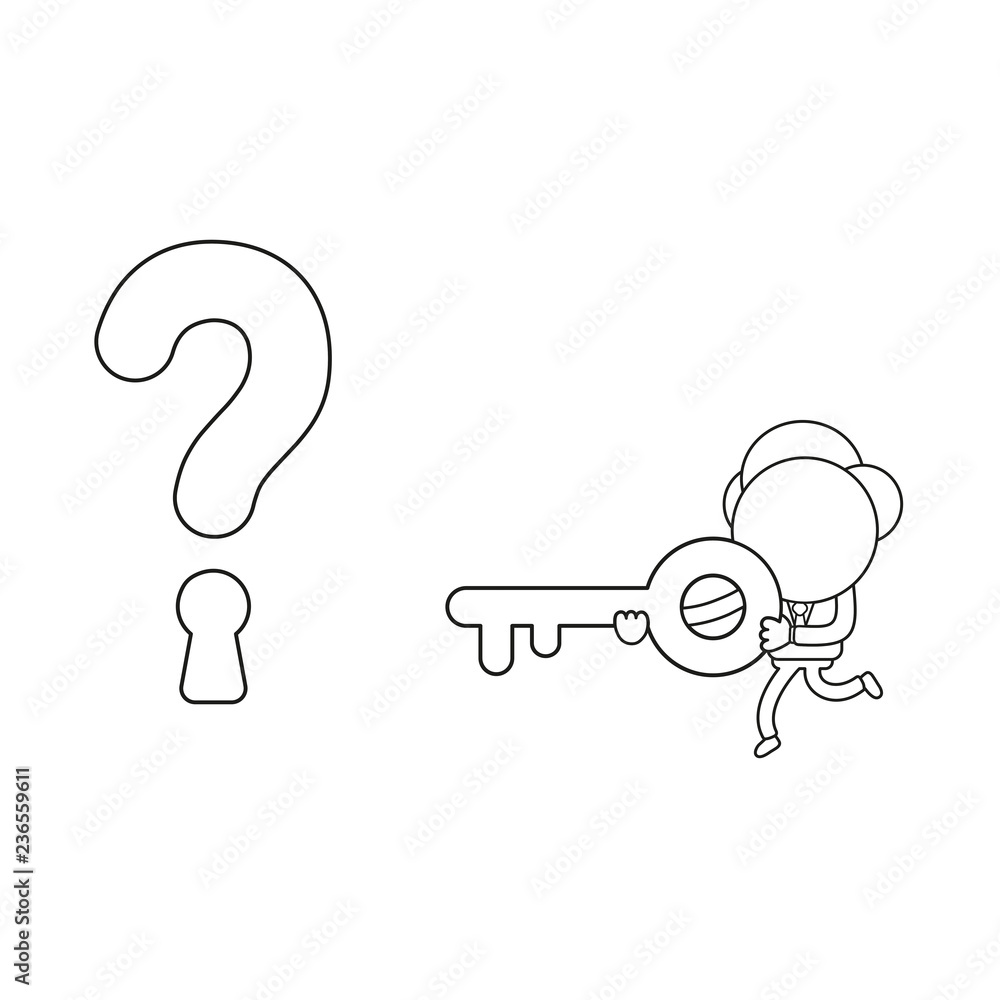 Poster vector illustration of businessman character running and carrying key to question mark keyhole. blac