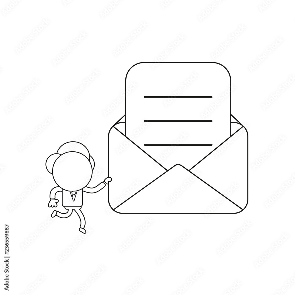 Poster vector illustration of businessman character running and holding mail envelope with written paper. b