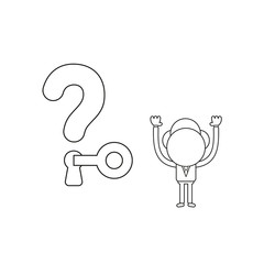 Vector illustration of businessman character unlock question mark keyhole with key. Black outline.