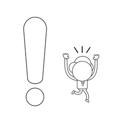 Vector illustration of businessman character running away from exclamation mark. Black outline.