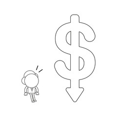 Vector illustration of businessman character surprised at big dollar symbol with arrow moving down. Black outline.