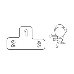 Vector illustration of businessman character running to winners podium. Black outline.