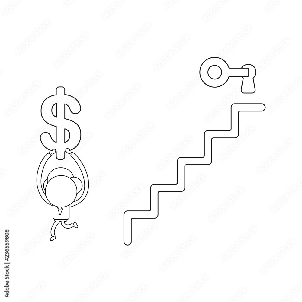Poster vector illustration of businessman character unlock keyhole with key at top of stairs and carrying d
