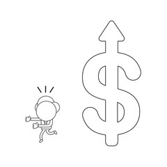 Vector illustration of businessman character running away from big dollar symbol and arrow moving up. Black outline.