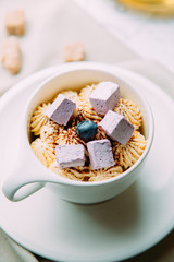 Desserts for the menu with decor. Restaurant dishes with a beautiful serving.