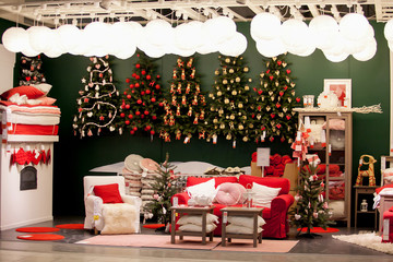 Shopping mall interior decorated with christmas trees