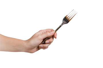 woman hand holding fork isolated on white background. Eating gesture.