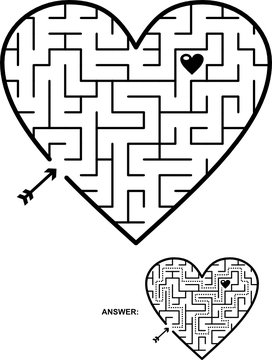 Valentine's Day, wedding, romantic, etc., themed heart shaped maze or labyrinth game. Suitable both for kids and adults. Answer included.
