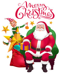 Merry christmas greeting card. Santa Claus is sitting in chair, assistant elf and an open bag with gifts