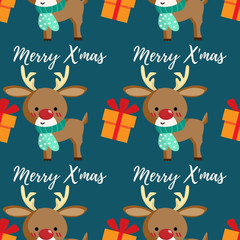 Seamless pattern of cute reindeer wearing scarf with gift box and Merry Xmas text on dark background. Vector illustration for Christmas holiday.