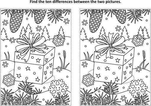 Winter holidays themed find the ten differences picture puzzle and coloring page with gift or present
