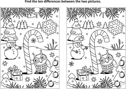 Winter holidays, New Year or Christmas themed find the ten differences picture puzzle and coloring page with magical candy cane, owl and snowman.
