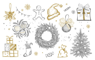 Christmas pattern in sketch style. Hand drawn.