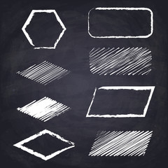 Hexagon, rhombus, rectangle, parallelogram. Geometric figures on chalkboard background. Chalk drawn illustration. 