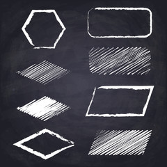 Hexagon, rhombus, rectangle, parallelogram. Geometric figures on chalkboard background. Chalk drawn illustration. 