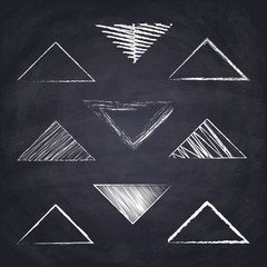 Chalk drawn isosceles obtuse triangle. Geometric figures on chalkboard background.