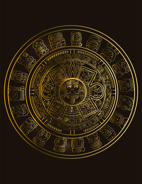 Maya Calendar Of Mayan Or Aztec Vector Hieroglyph Signs And Symbols. Golden Symbol Of Maya.