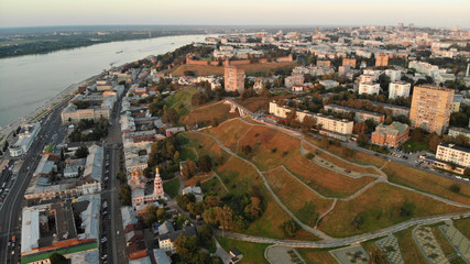 NIZHNY NOVGOROD, RUSSIA - JULY 31, 2018: Aerial drone image from Fedorovsky embankment one of the most beautiful viewpoints in Nizhny Novgorod