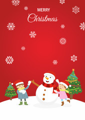Kids playing with snowman in the Christmas time. Picture for Christmas card and invitation.