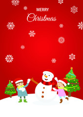 Kids playing with snowman in the Christmas time. Picture for Christmas card and invitation.