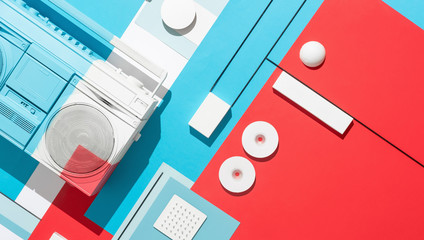 Boom box /cassette player in abstract designed composition.